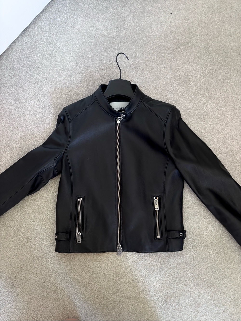 Coach Black Leather Bomber Jacket with Silver Zippers